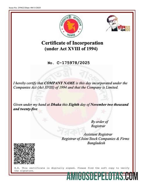 Certificado de Incorporação de Bangladesh em branco Modelo Word e PDF, Versão 2